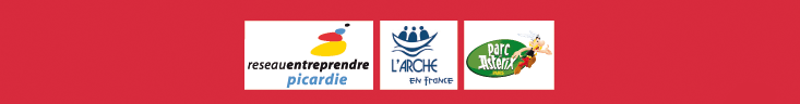 Bandeau avec les logos de reseau entreprendre picardie, de l'Arche en France, et du parc Astérix