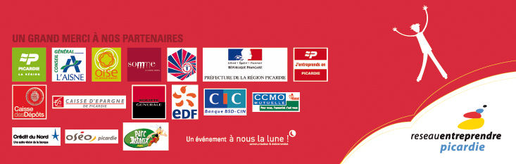 Footer avec les logos de la région picardie, du département de l'aisne, du département de l'oise, du département de la somme, de la chambre de commerce et d'industrie, de la préfecture de la région picardie, de j'entreprends en Picardie,  de la caisse des dépôts, de la caisse d'épargne de Picardie, de la société générale,  de EDF, de CIC, de CCMO, du Crédit du Nord, de oséo Picardie, du parc Astérix, de À nous la lune et du réseau entreprendre Picardie.