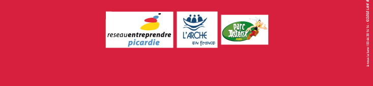 Bandeau avec les logos de reseau entreprendre picardie, de l'Arche en France, du parc Astérix et copyright