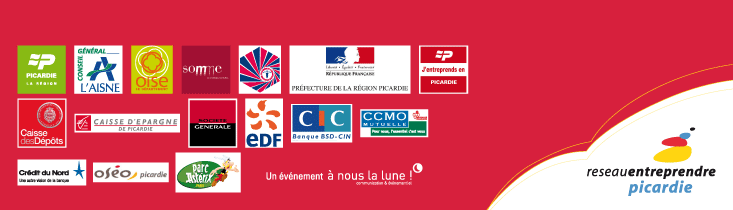 Footer avec les logos de la région picardie, du département de l'aisne, du département de l'oise, du département de la somme, de la chambre de commerce et d'industrie, de la préfecture de la région picardie, de j'entreprends en Picardie,  de la caisse des dépôts, de la caisse d'épargne de Picardie, de la société générale,  de EDF, de CIC, de CCMO, du Crédit du Nord, de oséo Picardie, du parc Astérix, de À nous la lune et du réseau entreprendre Picardie.