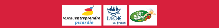 Bandeau avec les logos de reseau entreprendre picardie, de l'Arche en France, du parc Astérix et copyright